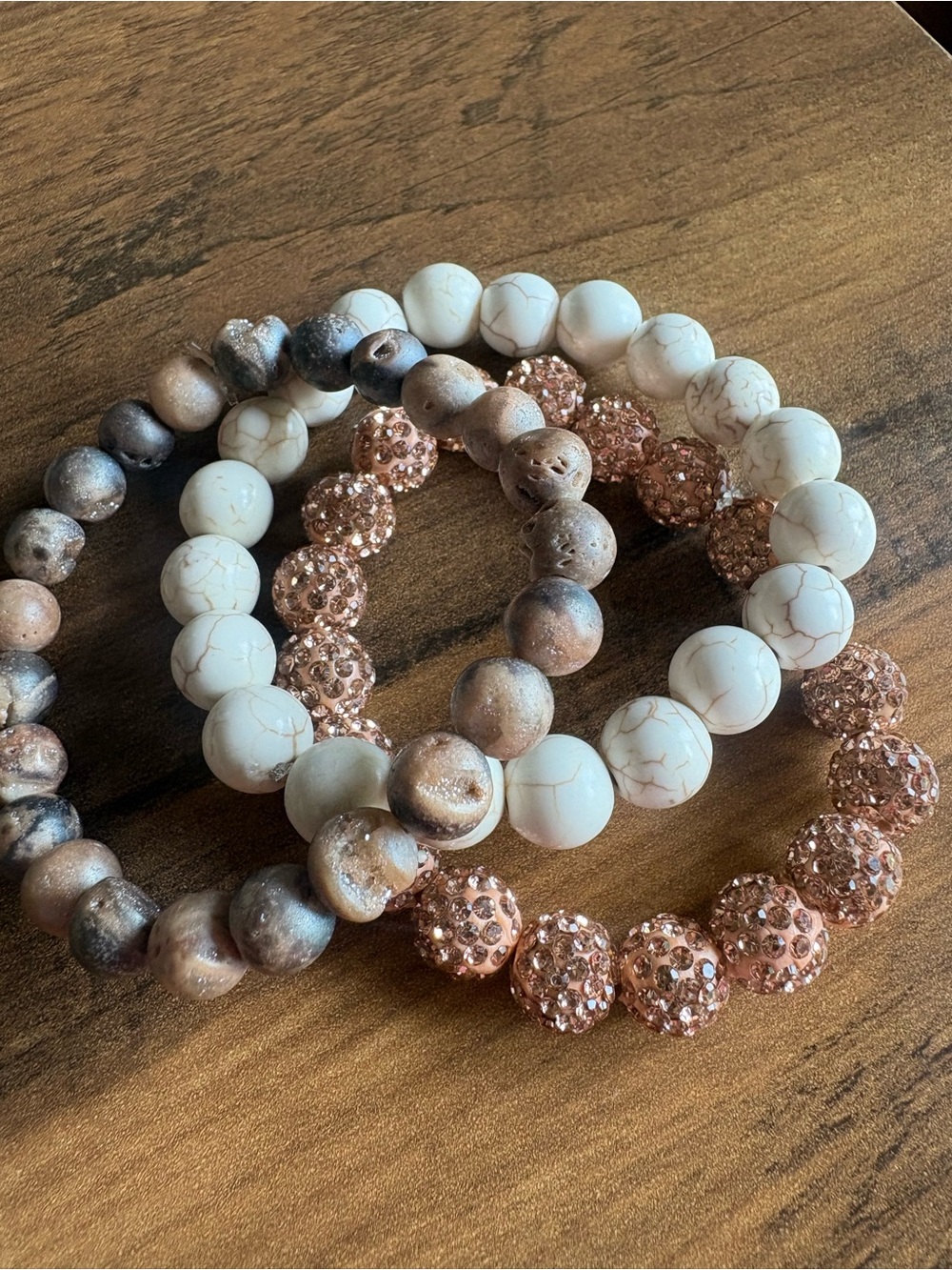 Druzy Gemstone Rose Gold and White Beaded Stretch Bracelet Set